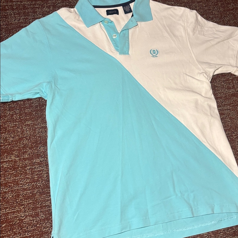 IZOD polo shirt aqua blue/ white rugby style men’s cotton short sleeve medium